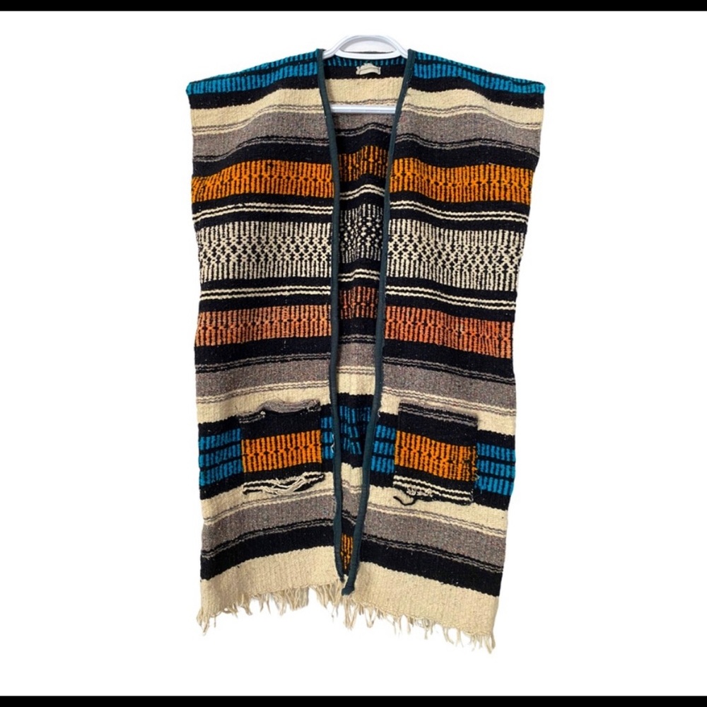 Vtg South American Blanket Vest Fringe Multicolour